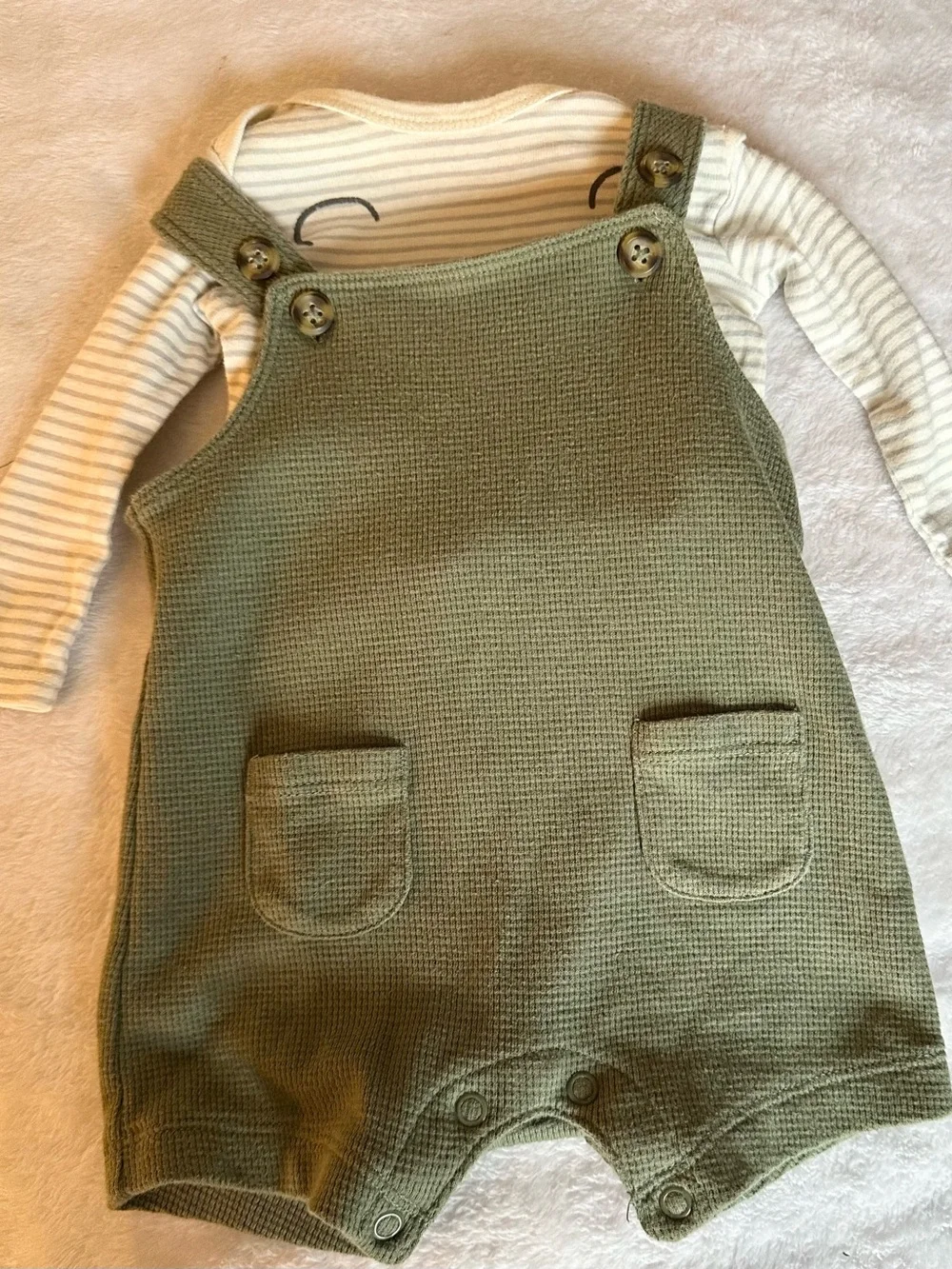 Gerber Olive Green Knit Overall Romper with Pocket Detail